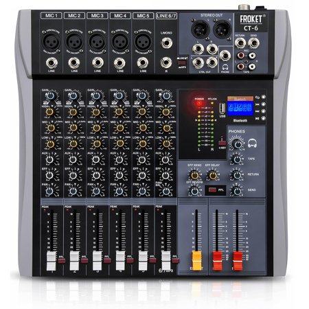 Froket Professional Audio Mixer Sound Board 6 Channel Audio Desk System Interface Digital DJ Console with Bluetooth USB Sound Audio Mixing Console for Karaoke Studio Party Recording Broadcast (CT-6)