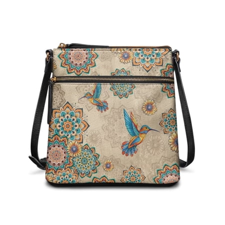 DISNIMO Hummingbird Print Messenger Handbag Boho Mandala Flower Print Purses for Women PU Leather Satchel Shoulder Bag for Daily Use with Adjustable Strap