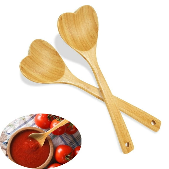 QZS 2 Pcs 12" Heart Shaped Spoon Wear-resistant Stirring Spoon Wooden Kitchen Utensils Heart Spoon Wooden Spoons Stirring Spoon Soup Rice Desserts, Multifunction Bamboo Set
