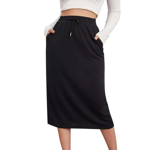 LOVZFMLL Maxi Skirts for Women 2025 Summer Casual Solid Drawstring Elastic High Waist Long Sweat Skirts with Pockets Black M