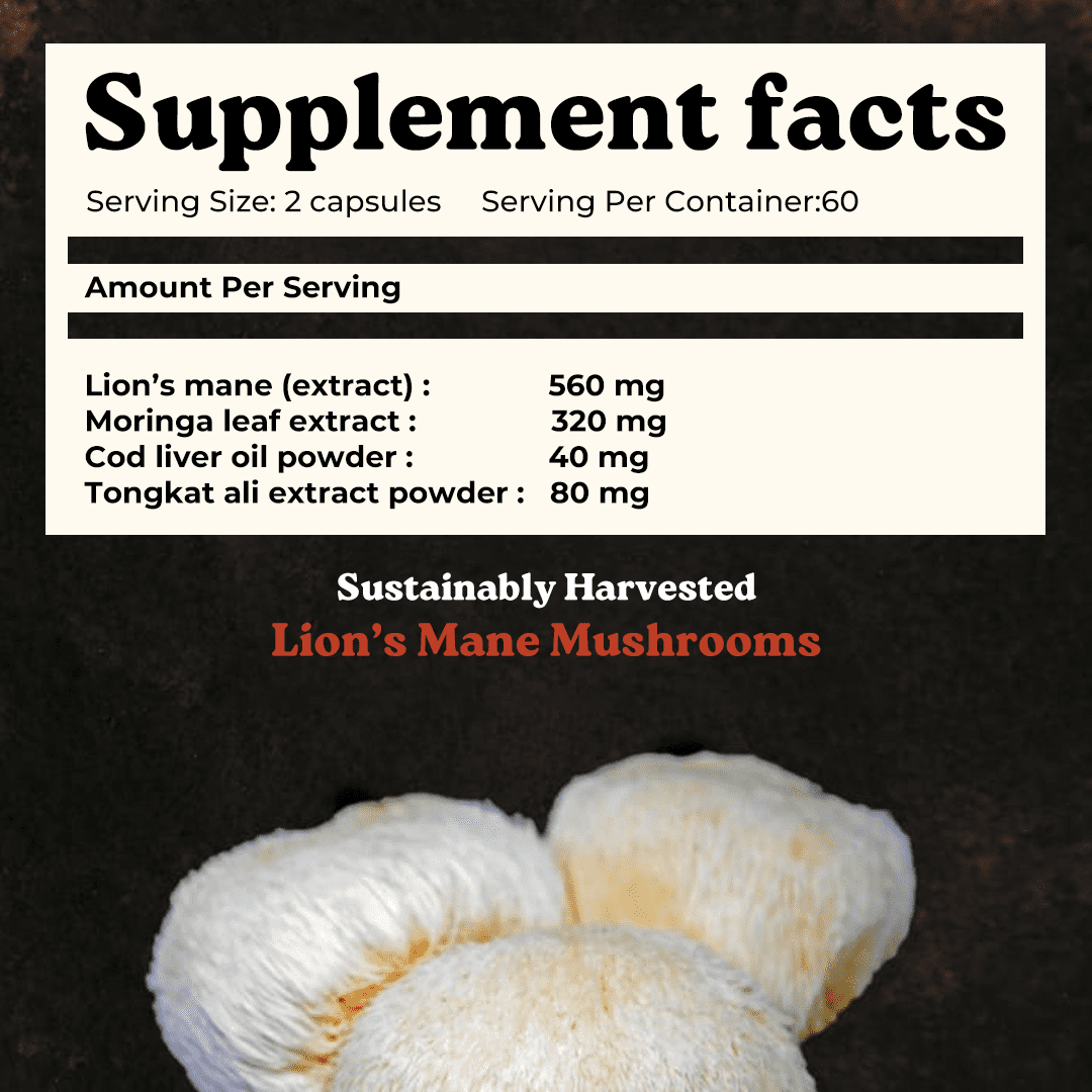 Mars by GHC Lion’s Mane Capsules with Moringa, Tongkat Ali & Cod Liver Oil, Mushroom Supplement for Focus, Memory & Brain Health Support, Pac of 1
