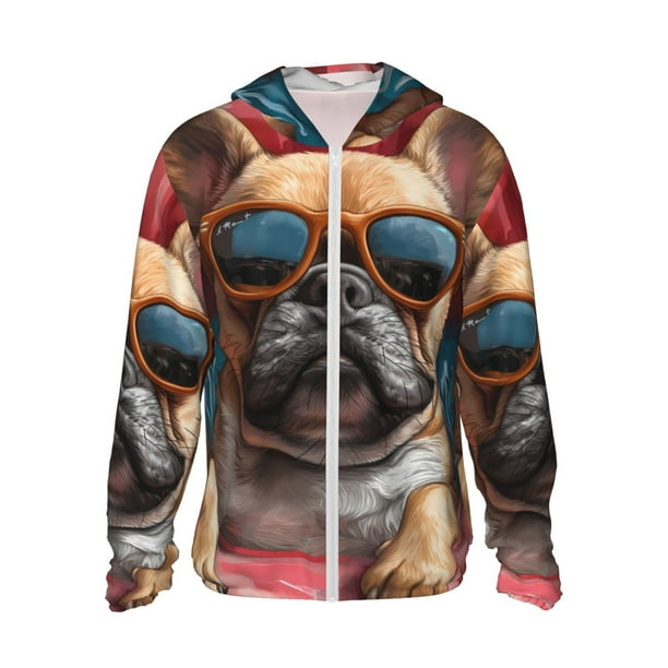 Balery French Bulldog In Sunglasses Sudadera ligera de manga larga con capucha y protección solar UPF 50+ para hombre y mujer, ideal para pesca y running-Large