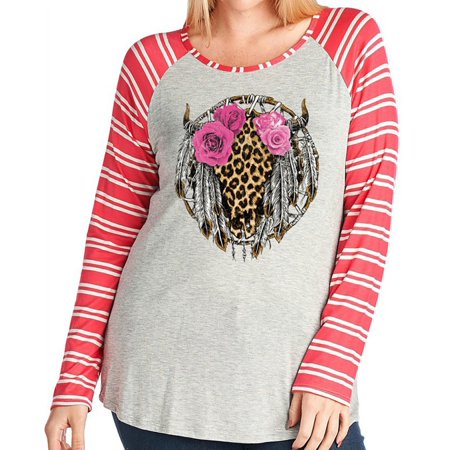 BNY Women Plus Size Leopard Bull Dream Catcher Double Striped Knit Top Tee Coral XL P2562