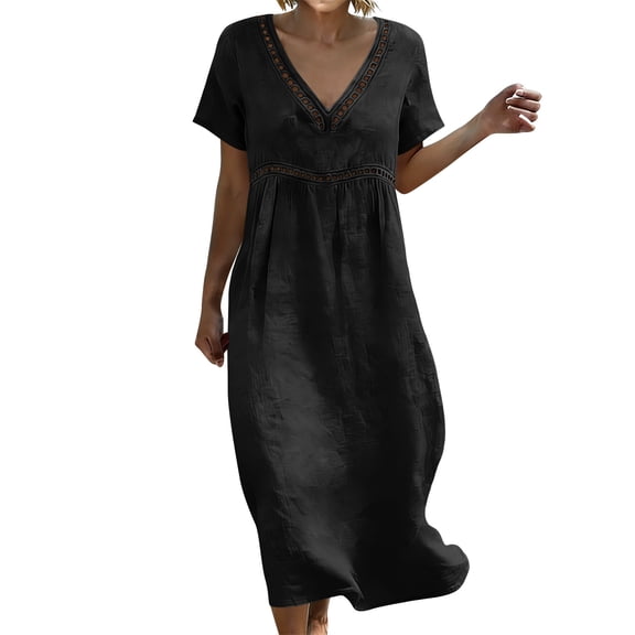 Makaor Womens Maxi Dresses for Summer Sheath Lace Dresses Plus Size Short Sleeve Dress Solid V Neck Empire Waist Beach Vacation Clothes Black XL
