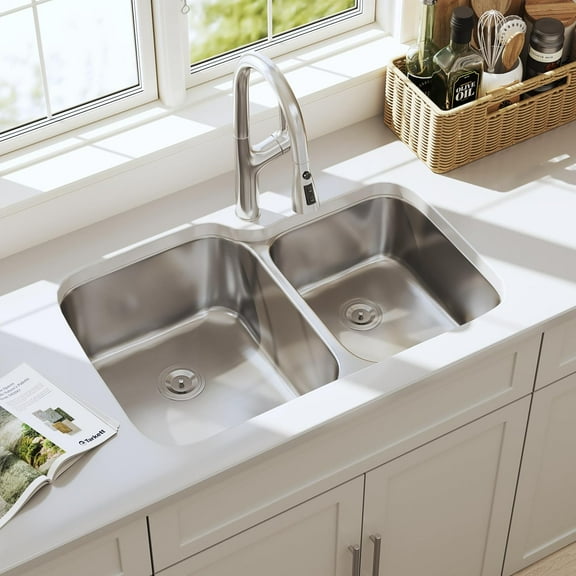 32 Inch Undermount Double Bowl 60/40 Kitchen Sink 18 Gauge Stainless Steel Curved Design Brushed Nickel Sink 32" x 20" x 9"