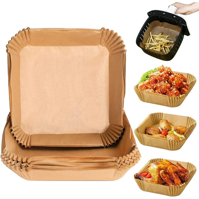 XINQIHANG Friteuse à Air Chaud Papier Parchemin Doublures Jetables Antiadhésives Résistantes à l'Huile et à la Chaleur Cuisson Rôtissage Four Poêle Micro-Ondes 50 Pcs Brosse en Silicone (7.9 Pouces-Carré)