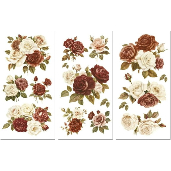 Rub on Transfer Sticker for Furniture Crafts Decor 6"x12" Vintage Victorian Style Roses 3Pcs Waterproof UV DTF Transfer for Lingerie Chests Drawer Dresser Glass Porcelain Wood Plastic