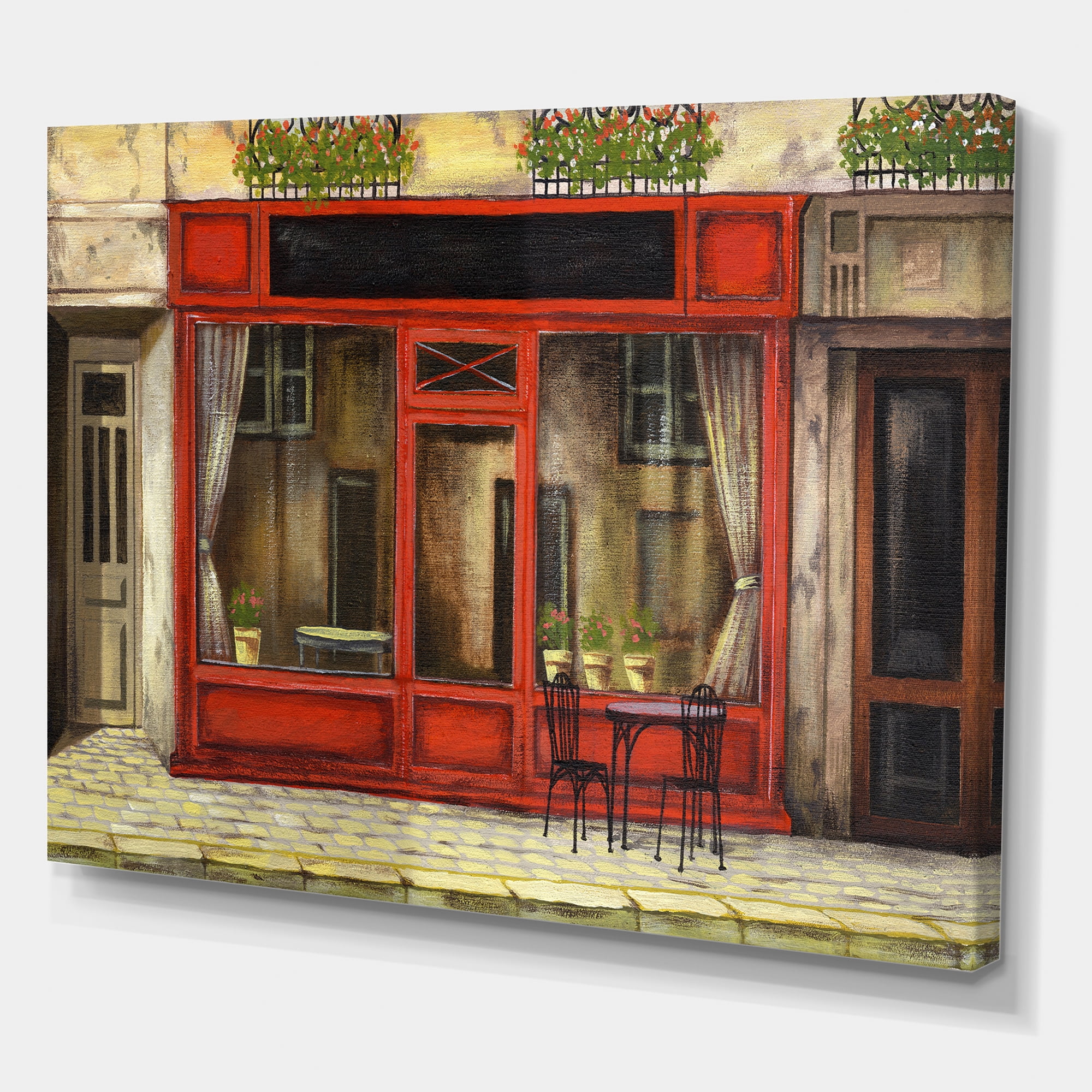 Red Facade of Charming Shop In Paris Street I 12 in x 8 in Painting Canvas Art Print, by Designart