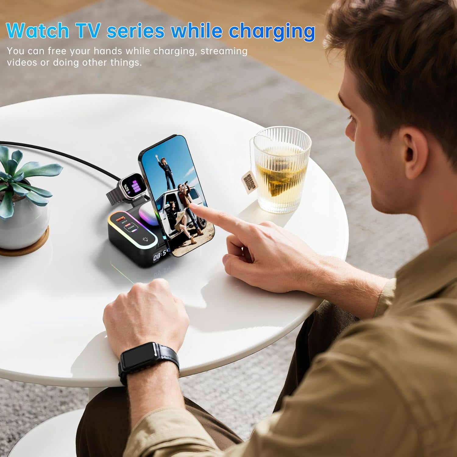 8-in-1 Wireless Charging Station,15W Magnetic Foldable Charger,65W Fast Charging Stand,Retractable Cable,LED Clock,USB-C/A Ports,Multi-Device Charging for i Phone,i Watch,Air pods,Mag Safe Compatible