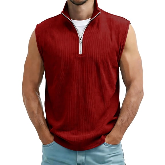 YLSDY Men's Ribbed Quarter-Zip Sleeveless Top, Casual Textured Shirt with Mock Neck for Layering Red XXXL