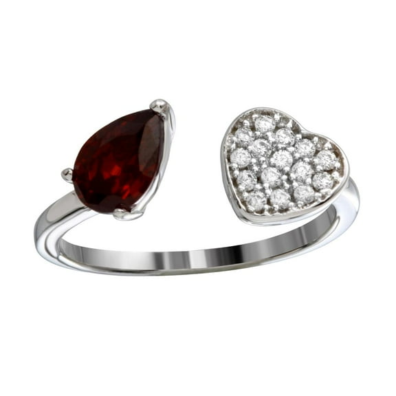 Teardrop Simulated Garnet Cubic Zirconia Heart Ring Rhodium Plated Sterling Silver Size 6