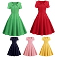 thumbnail image 6 of Quixlent Retro Women Dress Turn-down Collar Shortn Sleeves A-line Big Swing Buttons Slim Fit Solid Color 50s Ball Prom Midi Dress, 6 of 8
