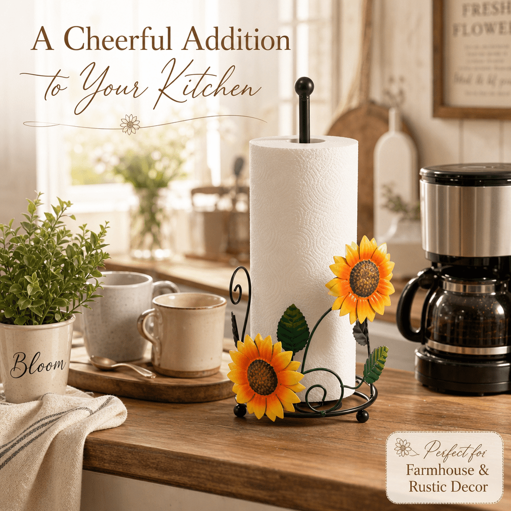 OKYMOTOR Sunflower Paper Towel Holder for Countertop, Heavy-Duty Iron with Weighted Base, Snag-Free Kitchen Decor, Fits Jumbo Rolls