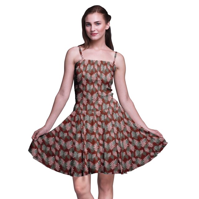 Bimba Leaves Ladies Smocked Waist Mini Sun Dress Printed Summer Holiday Party Wear-X-Small