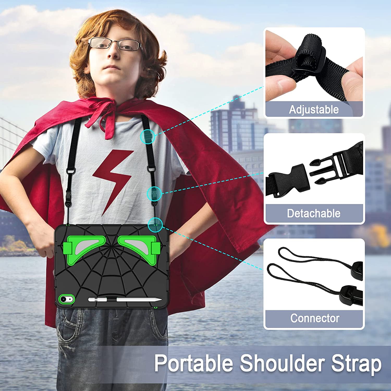 REQO iPad 10th Generation Case 2022, Kids Friendly iPad 10.9 Case with Kickstand Shoulder Strap Pencil Holder, Heavy Duty Protective Case for iPad 10th Generation 2022 Release, Black Shamrock