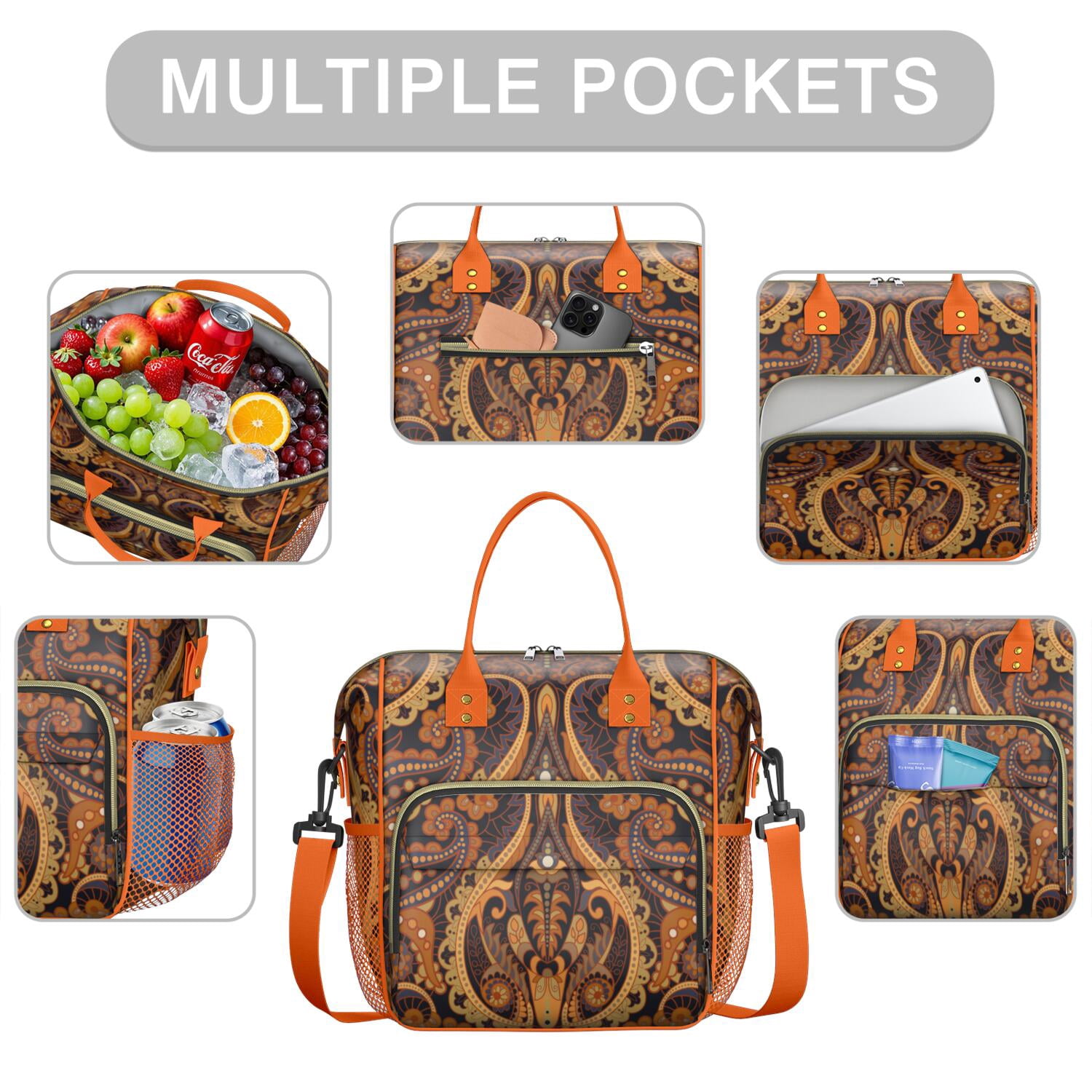 Insulated Lunch Bag with Paisley and Floral Design – Waterproof Large Lunch Box for Women Ideal for Work or Outdoor Picnic