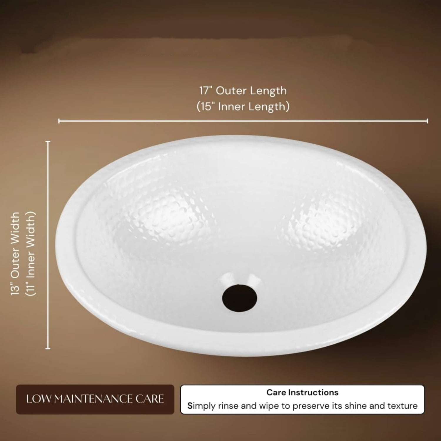17-Inch Oval Drop In Bathroom Sink, Top Mount Hand Hammered Classic White Vanity Sinks for Countertop, Powder Room, Guest Bath or Restroom, Drop in Sinks for Bathrooms