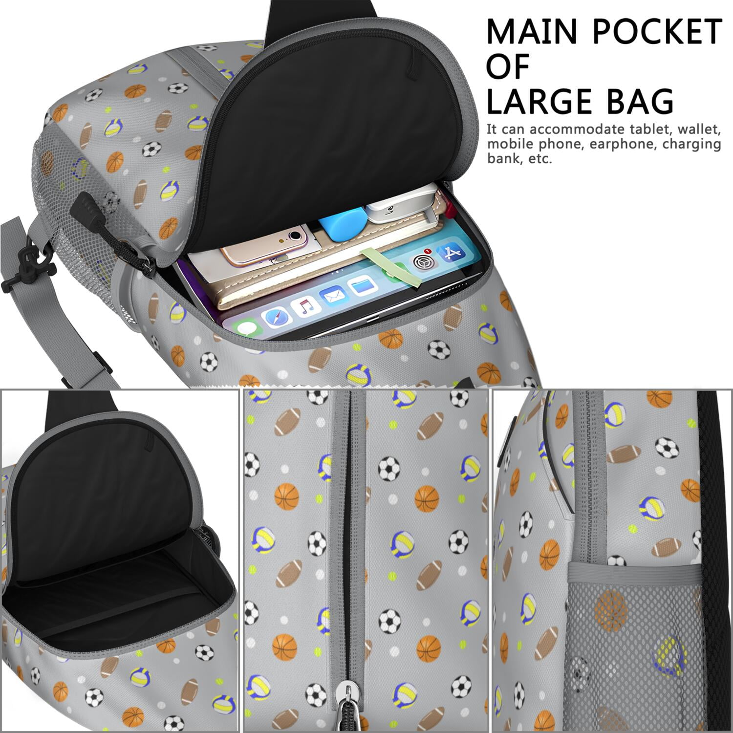 Sports Print Sling Backpack with Baseball, Football, and Soccer Themes – Water-Resistant Crossbody Bag with Anti-Theft Pocket, Large Storage Compartments, Adjustable Strap, Ideal for Boys