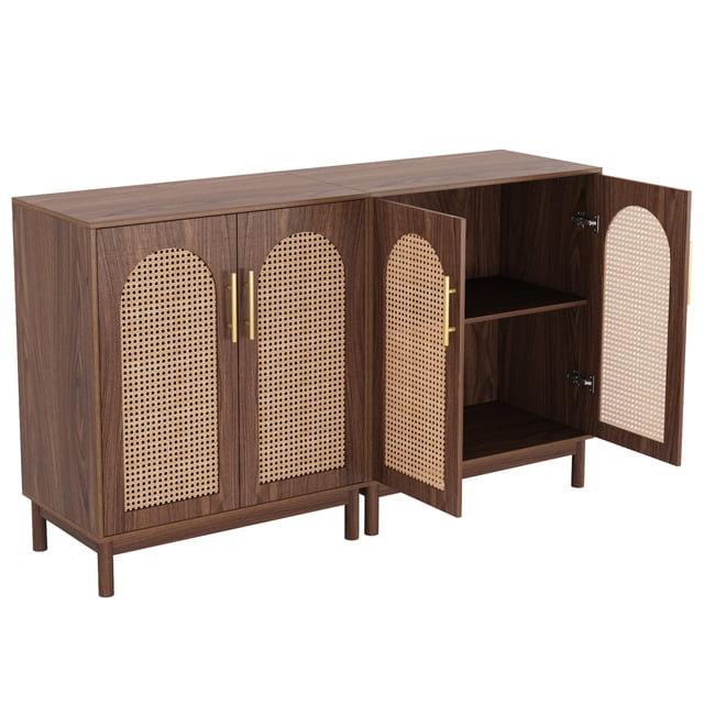 Fnova 59" Cabinet, Rattan Sideboard Buffet Storage Cabinet with 4 Doors & Adjustable Shelves, Farmhouse Kitchen Buffet Table, Accent Cabinet for Living Room, Dining Room, Entryway