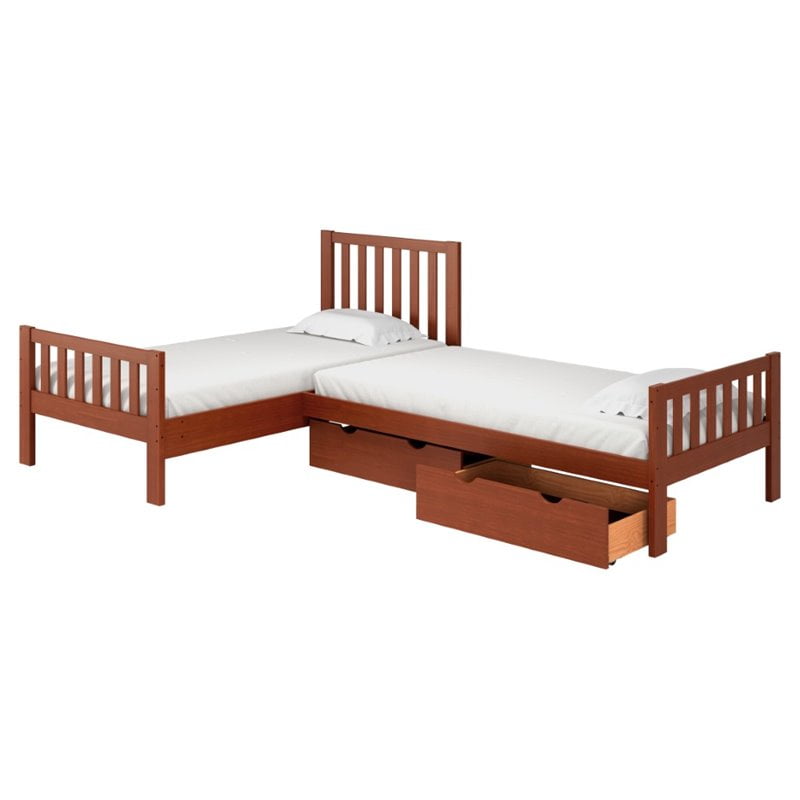 Aurora Corner LShaped Twin Wood Bed Set with Storage Drawers, Chestnut