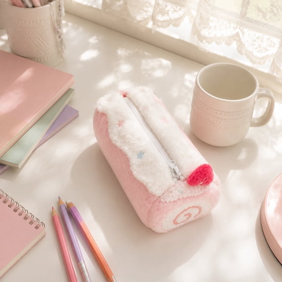 Soft Plush Cake Roll Pencil Pouch, Cute Swiss Roll Shaped Zipper Organizer, Portable Storage Bag for Stationery and Cosmetic Supplies,Purple