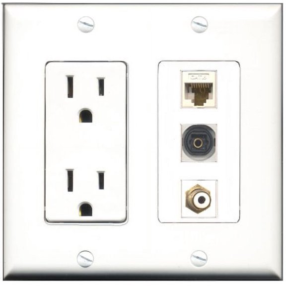 RiteAV - 15 Amp Power Outlet 1 Port RCA White 1 Port RCA Yellow 1 Port Toslink Decorative Wall Plate