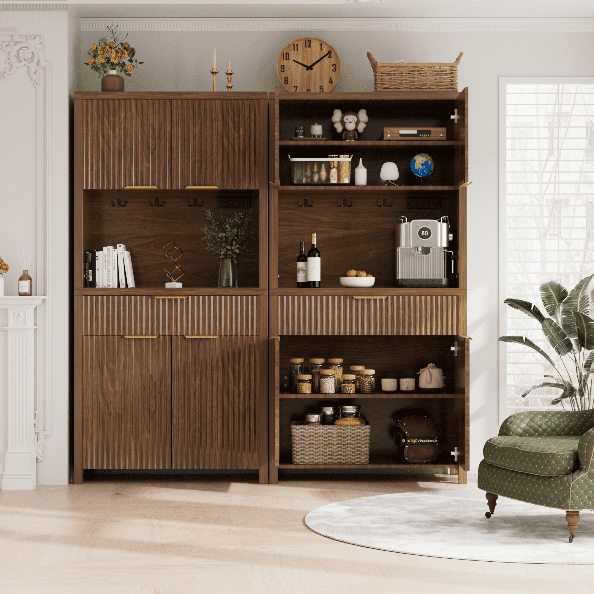 Laintene Kitchen Pantry Cabinet with Charging Station, 71" Tall Pantry Storage with Adjustable Shelves, Fluted Storage Cabinet with Open Countertop and Drawer for Dining Living Room, Walnut