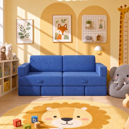Modular Kids Play Couch, Noelse 14Pcs Toddler Couch Fort with Washable Covers, Kids Modular Sectional Sofa for Playroom Kidsroom and Bedroom, Blue