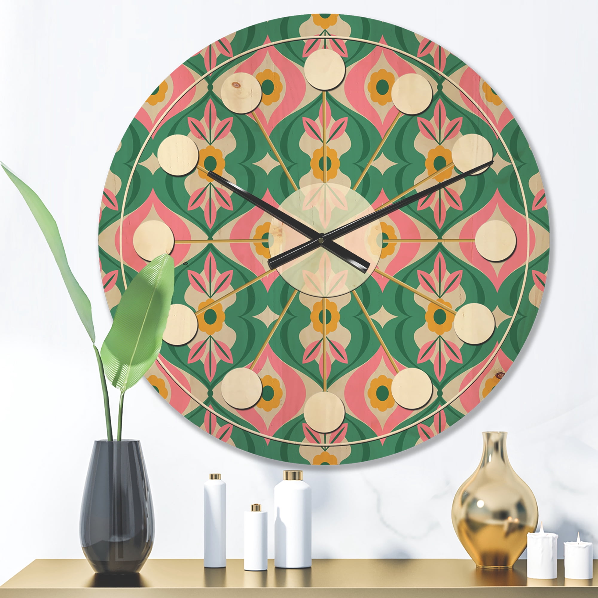 Designart 'Flowers and Leaves With Retro Pattern' Mid-Century Modern Wood Wall Clock
