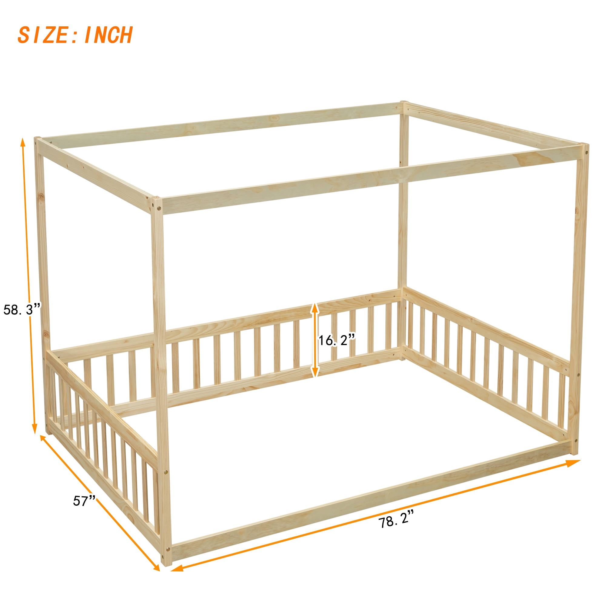Miniyam Full Size Canopy FloorBed with Guardrails for Kids and Teens, Natural