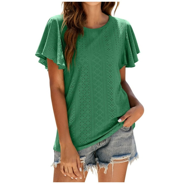 Blouses à Manches Courtes pour Femmes Mode Été Col Rond Uni Haut Sexy Blouse Sexy Hauts d'Été pour Femmes Hauts à Manches Courtes Blouse à Manches Courtes pour Femmes