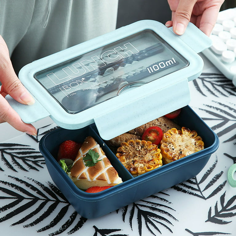 1pc Blue Bento Box With Compartments & Soup Container