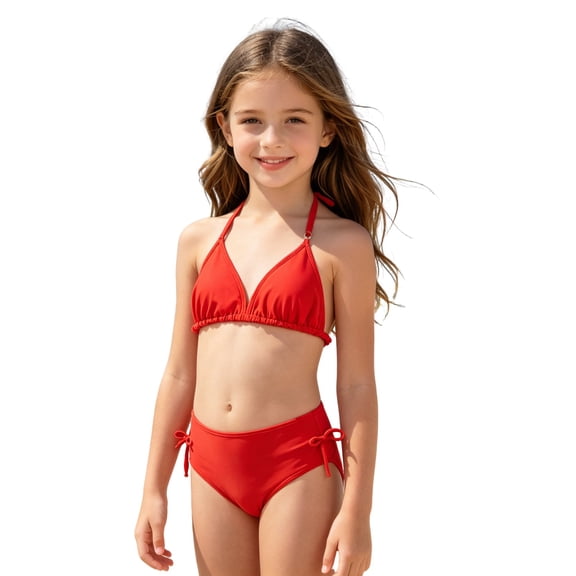FYDUU 4th of July Girls Swimsuit Bikini Sets Solid Color Two Piece Halter Bikini Swimwear For Kids Summer Beach Outfit Girls Bathing Suit Swim Set 9-10 Years