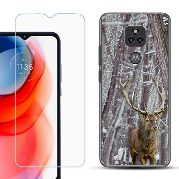 Slim-Fit TPU Phone Case compatible with Motorola Moto G Play 2021, with Tempered Glass Screen Protector, by OneToughShield ® - Deer/Snow/Camo