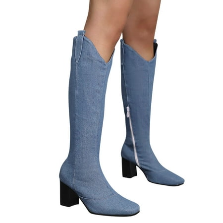 

Josdec Oversized Denim Boots With V-neck Western High Boots Knee High Boots for Women Winter Clearance Dark Blue 39