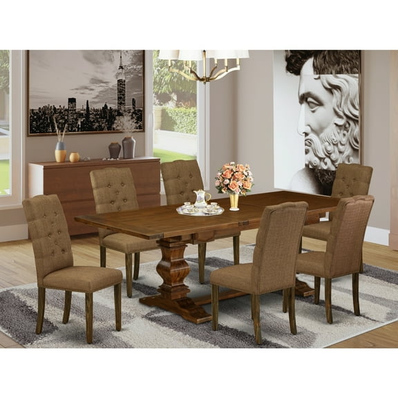 7-Piece Dining Set - Linen Fabric ChairsPedestal Table - Antique Walnut Finish - Kitchen Dining Room Set