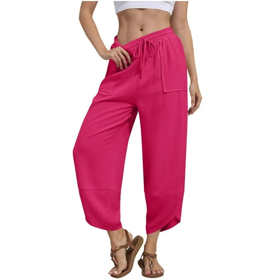 Women's Pants Petite Under $10 With Pocket Elastic Waist Solid Color Baggy Casual Wide-Leg Pants