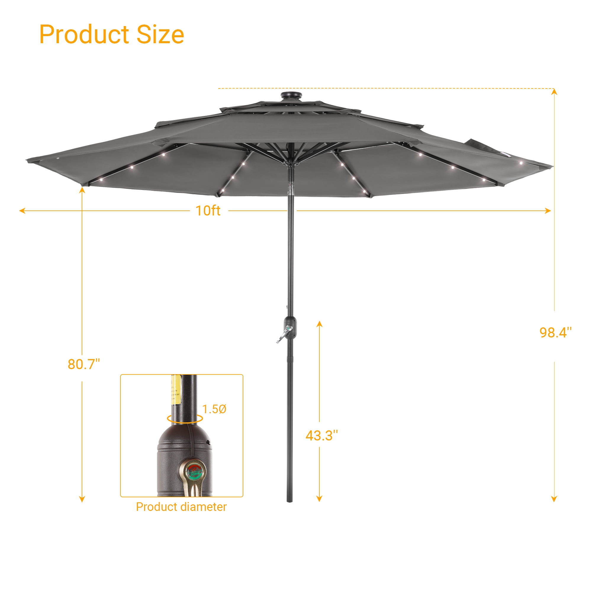 ACEGOSES 10ft LED 3 Tiers Patio Market Umbrella Outdoor with Ventilation for Garden, Deck and Pool,Gray