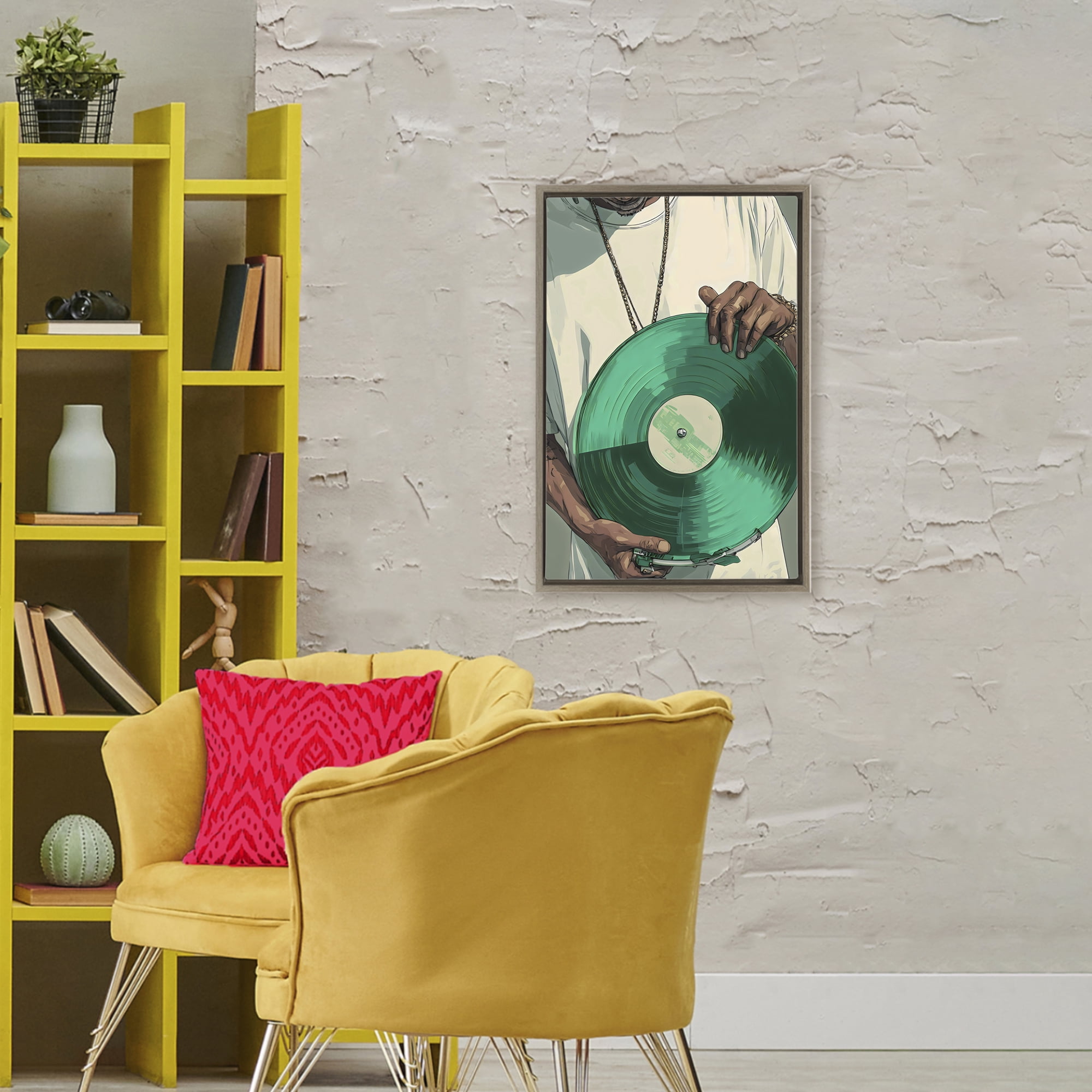 Stupell Industries Green Vinyl Record Portrait Brown Framed Floater Canvas Wall Art, design by Franklyn Gregory