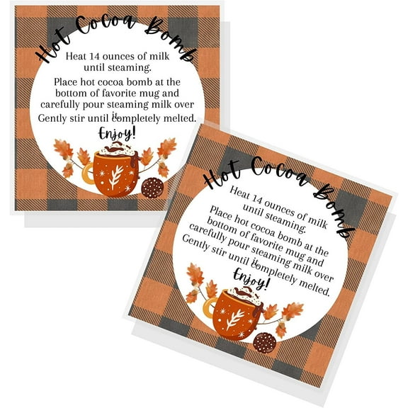 Hot Cocoa Bomb Fall Hot Chocolate Instruction Tags Square Labels Cards  50 pk  2.5 inches Labels Holiday Flannel Orange Minimalist