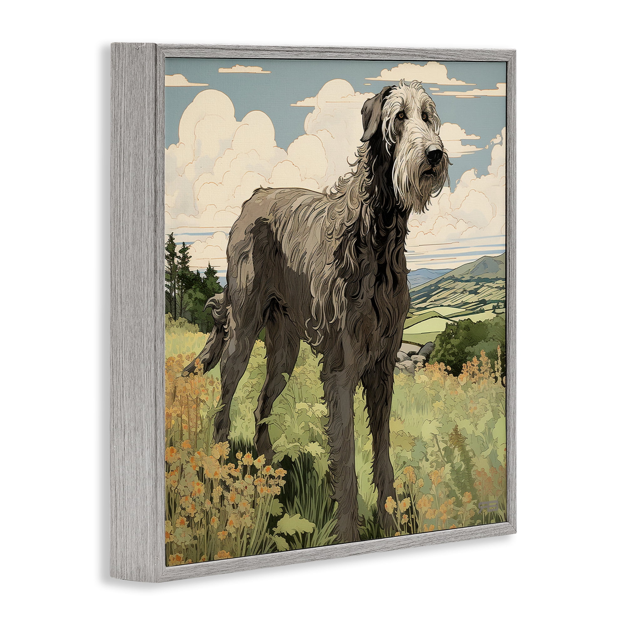 Stupell Industries Countryside Landscape Dog Landscape Painting Gray Framed Art Print Wall Art, 12 x 12