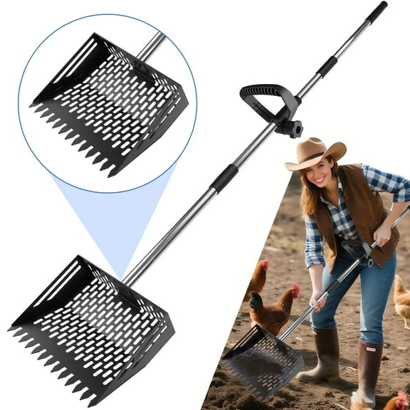 Metal Chicken Poop Scooper, 24 to 68" Long Chicken Coop Litter Scoop with Stainless Steel Handle, 4 in 1 Multifunctional Heavy Duty Litter Sifting Shovel Chicken Coop Accessories