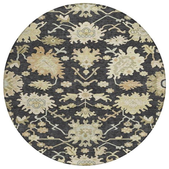 HomeRoots 605189 8 ft. Black & Ivory Round Floral Washable Indoor & Outdoor Area Rug