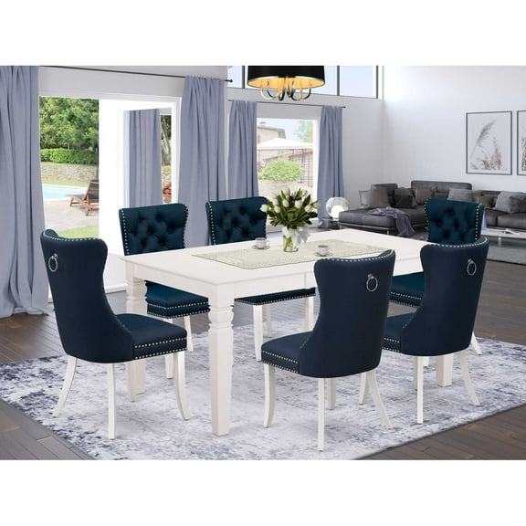 Modern 7 Piece Dining Set - Rectangle Table with 6 Padded Chairs - Linen White & Navy Blue