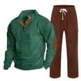 thumbnail image 1 of Handshe Men's Corduroy Two-Piece Set, Solid Color Relaxed Fit with Drawstring Pants and Button-Up Shirt, Casual Sporty Style for Outdoor and Everyday Wear, 1 of 6