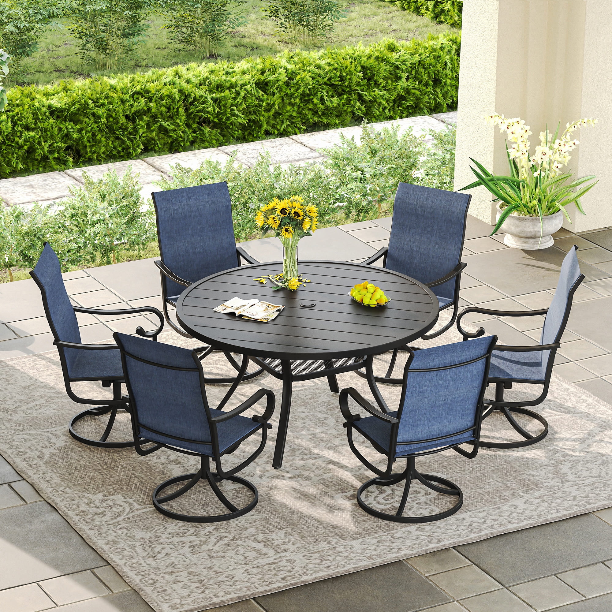 Vicllax Outdoor Dining Chair Patio Swivel Chairs Set of 6 Rocking Metal Textilene Fabric, Blue