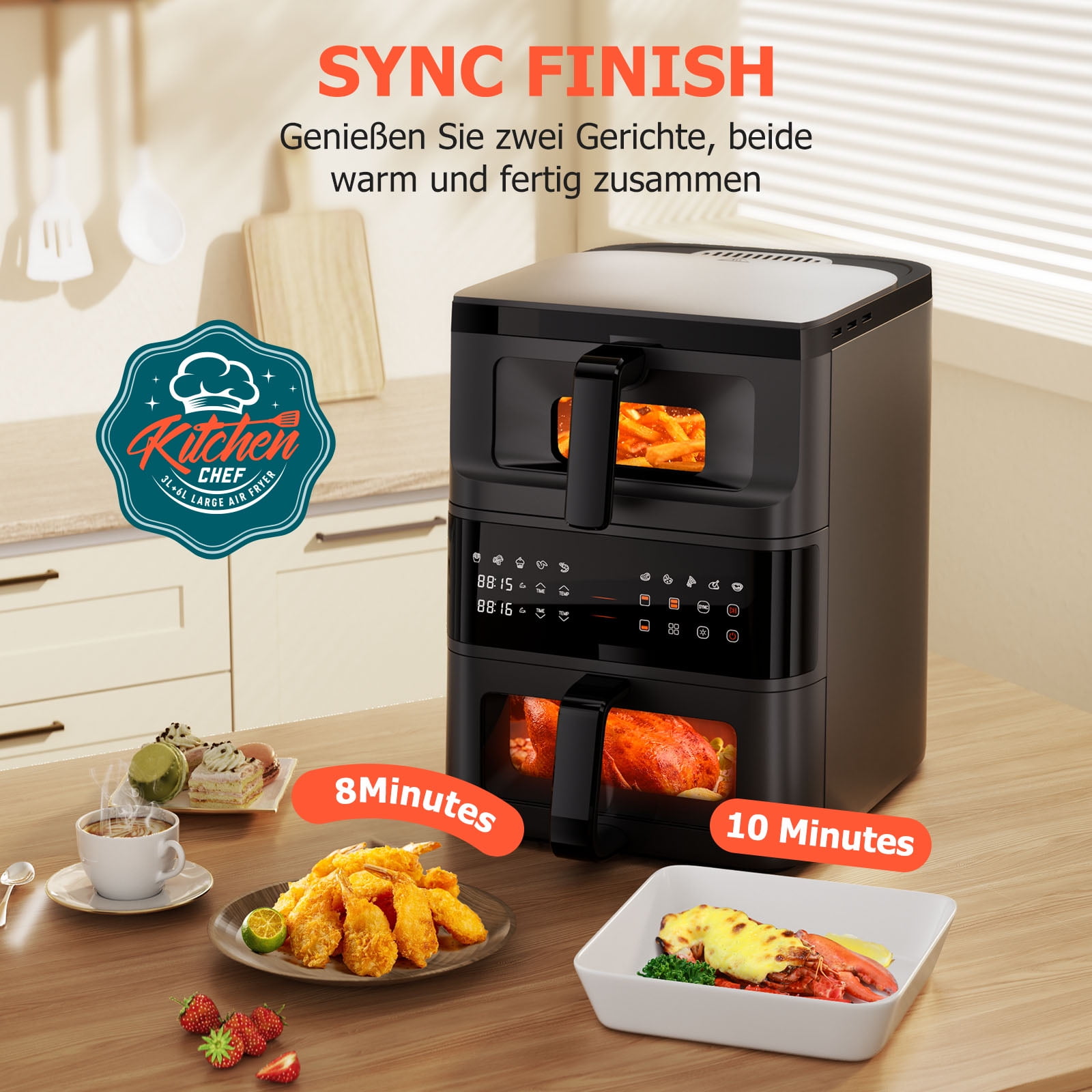 11QT Dual Basket Air Fryer, 10-in-1 Air Fryer Oven with 3D Hot Air Circulation, LED Touchscreen, Nonstick Dishwasher-Safe Baskets, Visible Window, Stainless Steel, Black