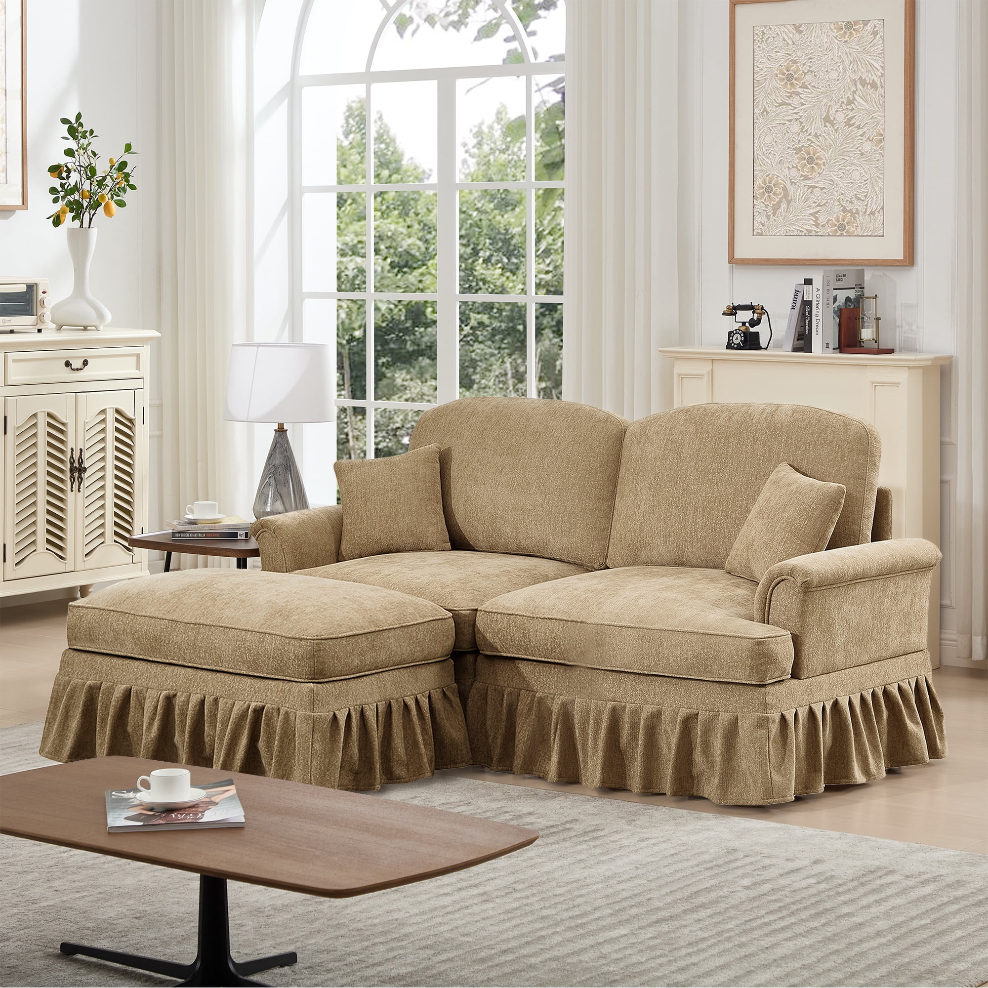 Newest Elegant Large Two Seater Modular L Shaped Sofa Couch, Flared Arms, Removable Ruffles Pleats Skirts, Spindle Legs,Comfy Chenille Loveseat Sofa, Movable Ottoman,Light Coffee
