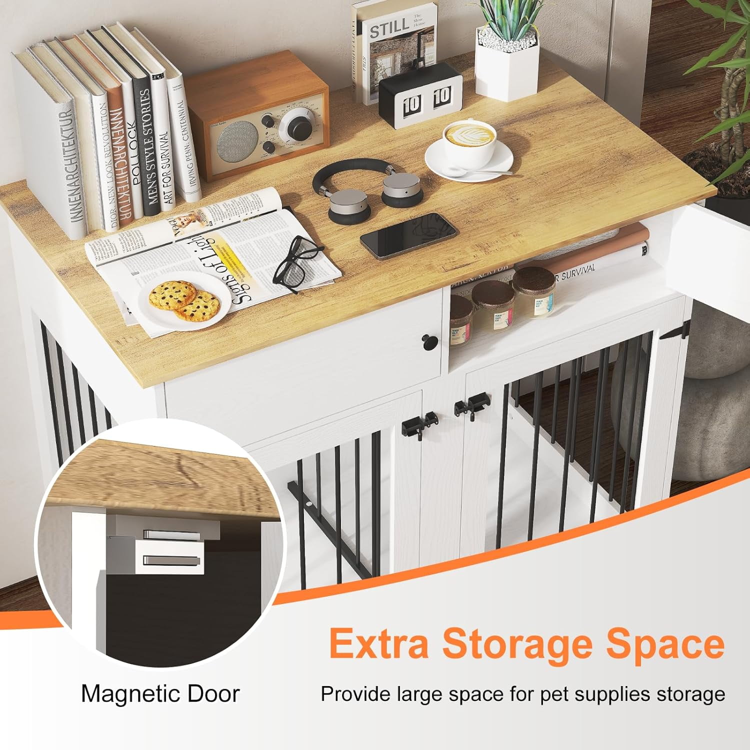 TIMHAKA Dog Crate Furniture w/ 2 Drawers, 41’’ Wooden Indoor Dog Cage w/ Divider, Double Doors, White