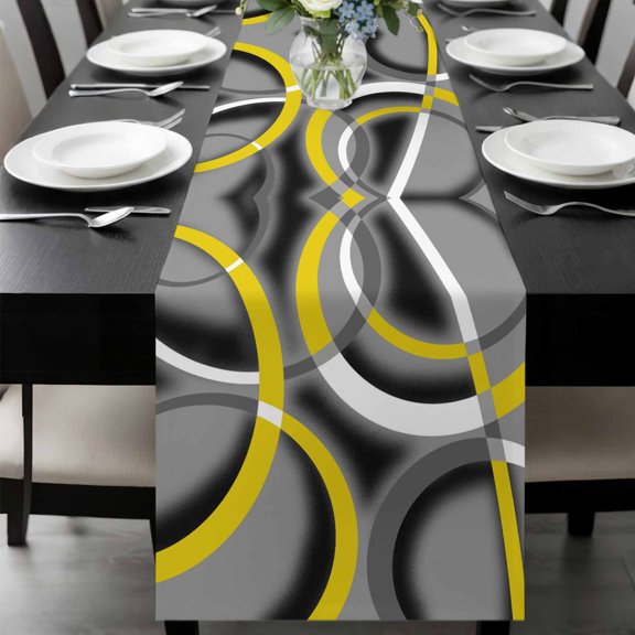 Yellow Geometric Table Runner 72 Inches Long, Gray Black Retro Abstract Stripes Lines Kitchen Coffee Dining Table Decoration for Home Party Birthday Wedding Home Decor 16x72 Inches